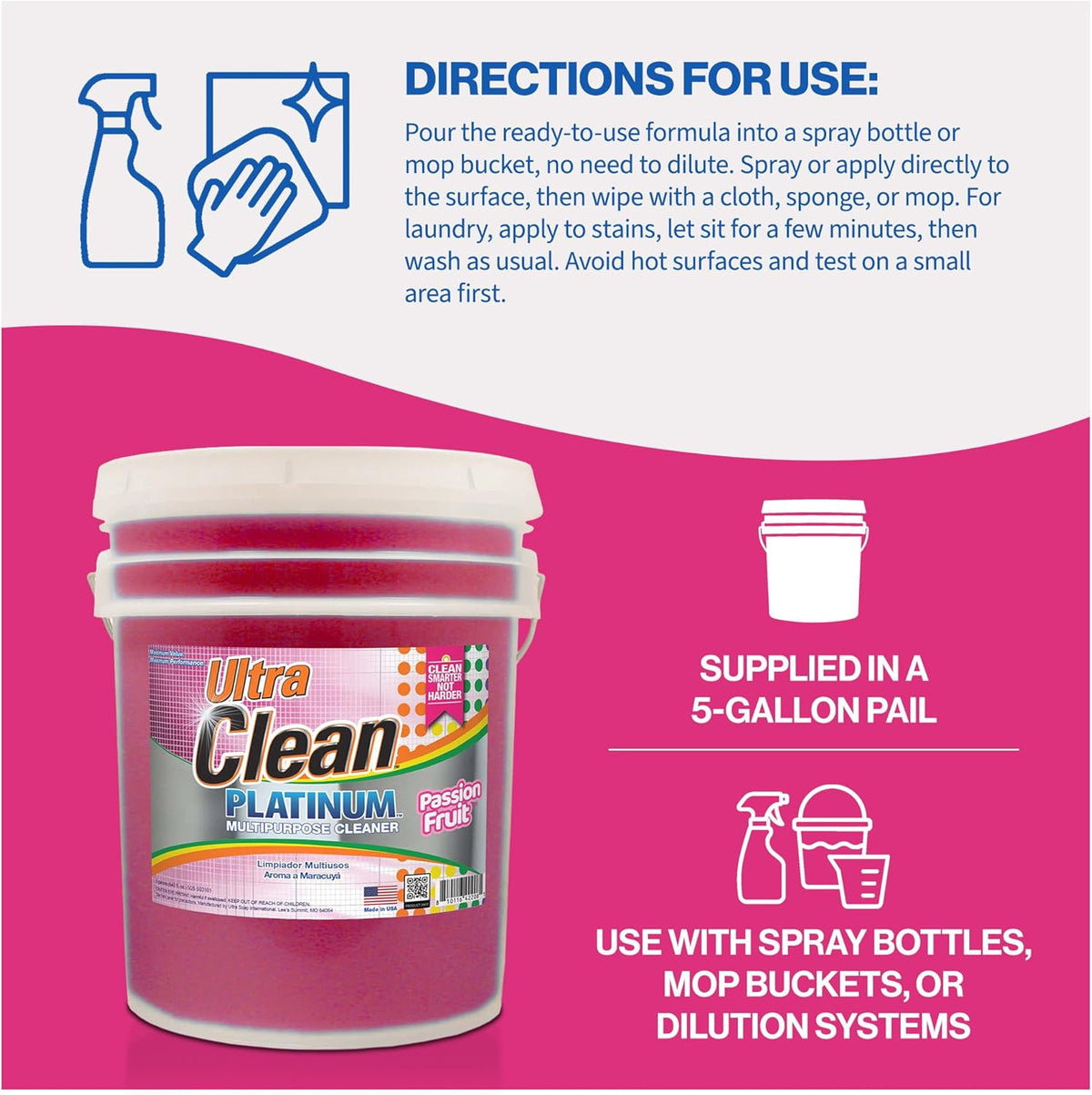 Ultra Clean Platinum Multipurpose Cleaner, Non-Abrasive and Bleach-Free, for Kitchen Counters, Bathroom Floors and Garage Spaces, Passion Fruit, 5 Gal