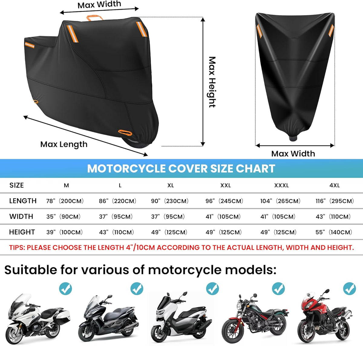 Motorcycle Covers Waterproof Outdoor Storage, Heavy Duty Motorbike Scooter Cover All Weather Protection with 4 Reflective Strips, 2 Lock-Holes, 2 Windproof Buckles (3XL: 95 x 37 x 49 inch)