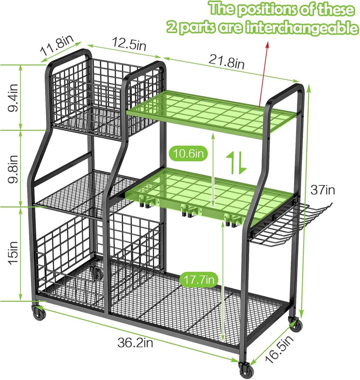 Garden Tool Organizer for Garage, 3 Tier Utility Yard Tool Organizer and Storage Holder with Wheels, Large Garden Tool Rack with Extra Storage Basket for Shed/Garage/Yard/Basement/Lawn