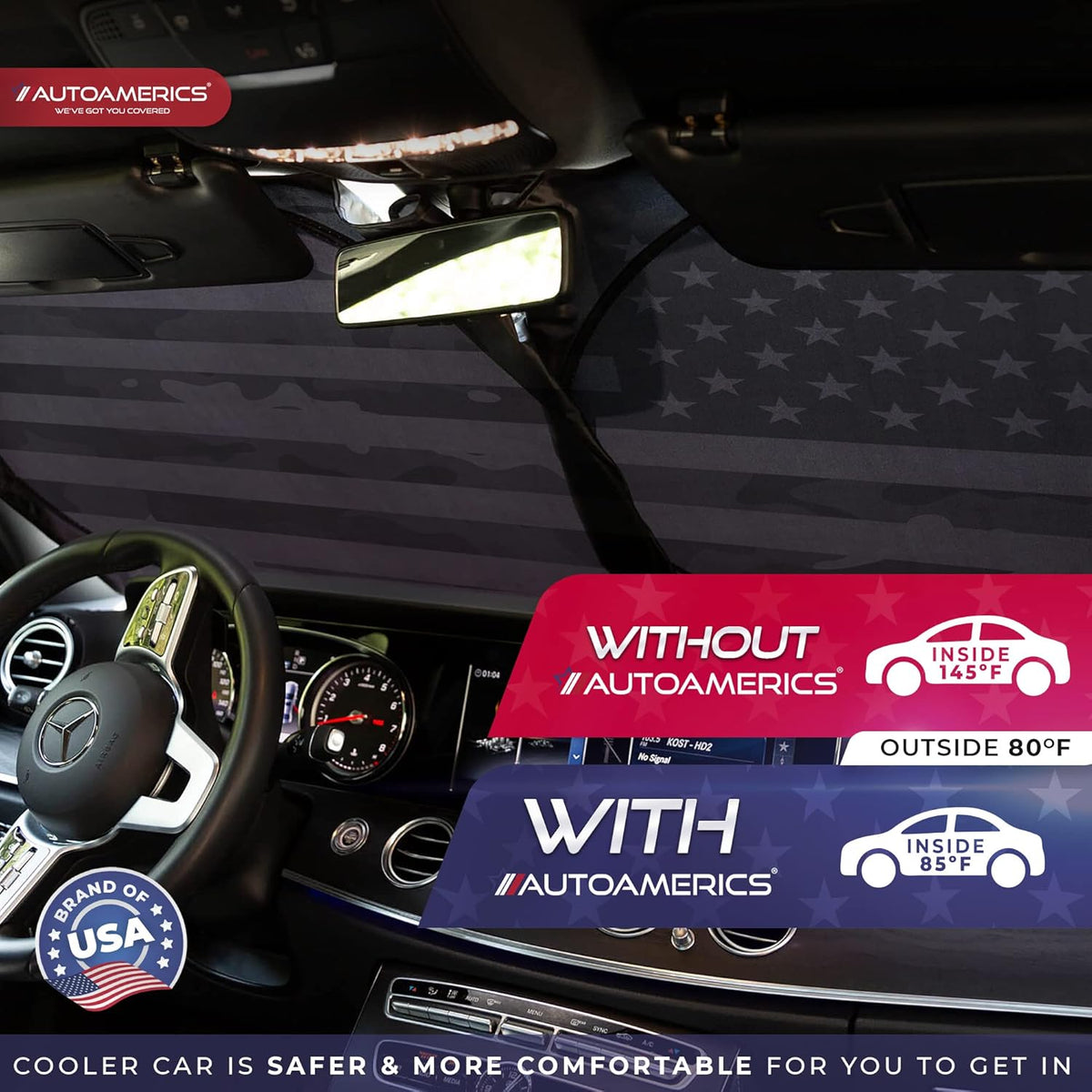 Autoamerics Truck Windshield Sun Shade with Storage Pouch & Anti-Slip Dash Pad - Foldable B&W Camo USA Flag Design - Fits Most SUVs & Trucks - Blocks UV Rays and Keeps Car Cool | XL (66 x 36 inches)
