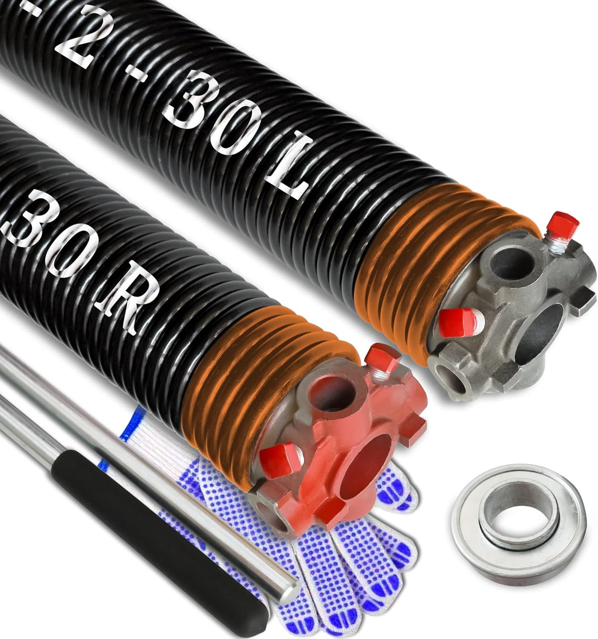 Garage Door Torsion Spring Set, Pair of 2" Electrophoresis Coated Garage Door Spring Replacement with 2 Non-Slip Winding Bars and Bearing, Minimum 16000 Cycles (.234x2x30")