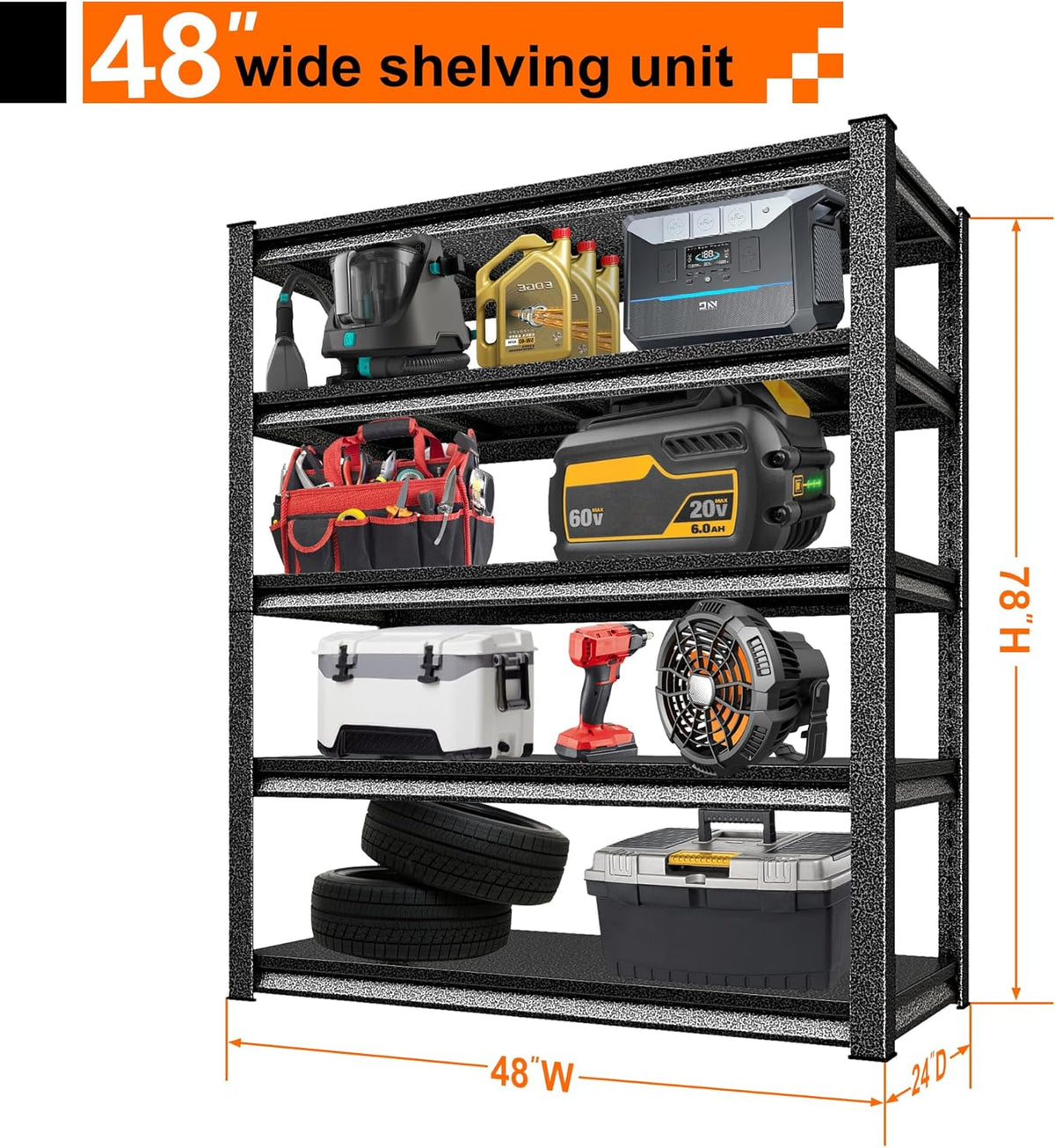 Garage Storage Shelves Heavy Duty, 48”W Garage Shelving and Storage Rack, 3000LBS Loads Shelving Units, Adjustable 5-Tier Metal Shelves for Garage, Warehouses, 48”W×24”D×78”H,Silver