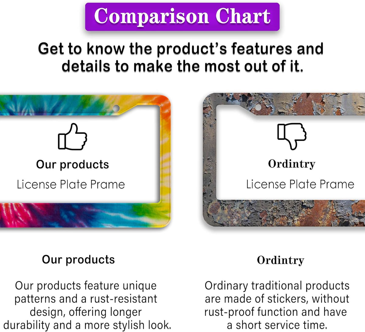 License Plate Frames for Men Rainbow License Plate Frame for Women Novelty Tie Dye Painting Aluminum Metal Car Accessory 2 Pack with Screw Covers Set