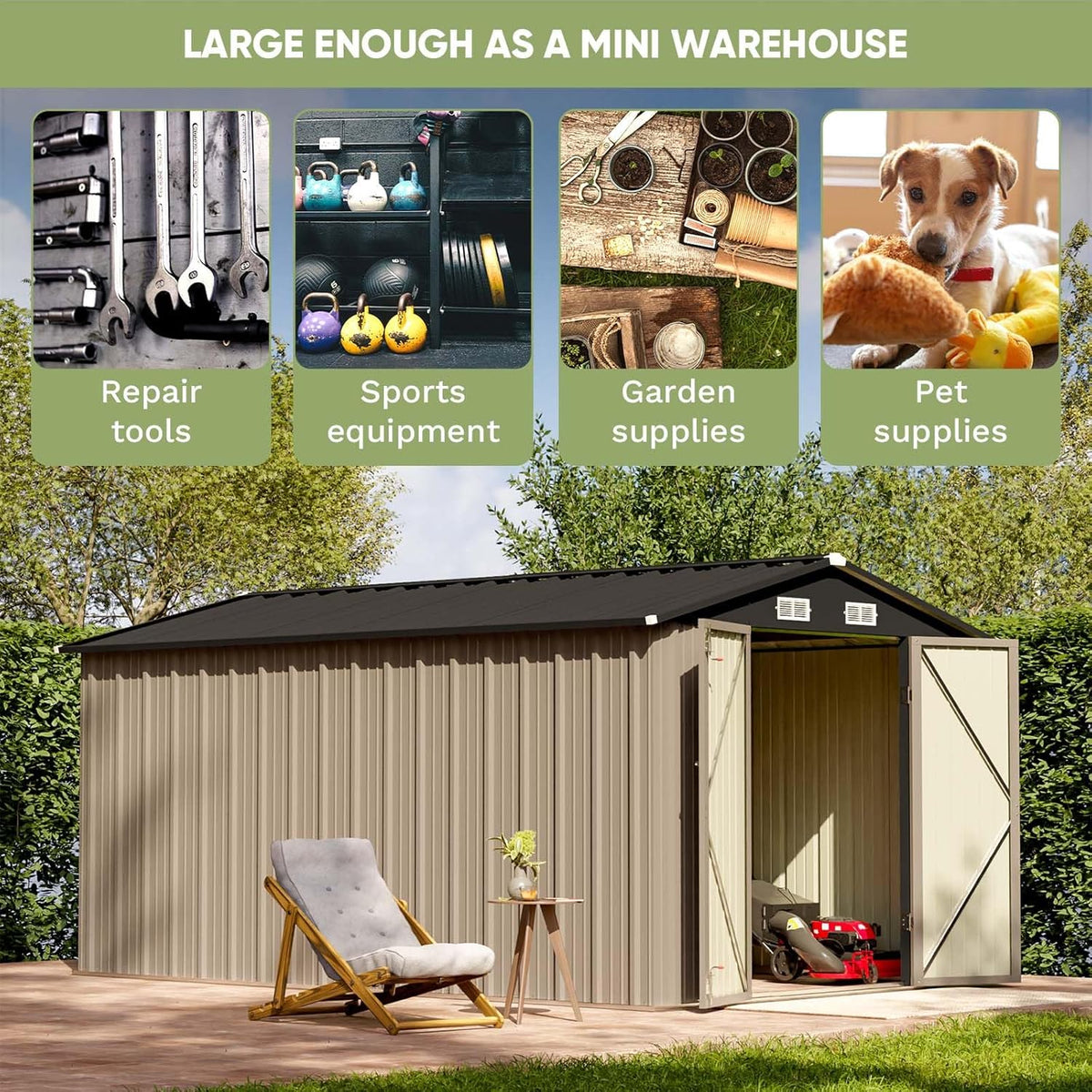Patiowell 8 x 12 FT Metal Storage Shed for Outdoor, Steel Yard Shed with Design of Lockable Doors, Utility and Tool Storage for Garden, Backyard, Patio, Outside Use, Brown
