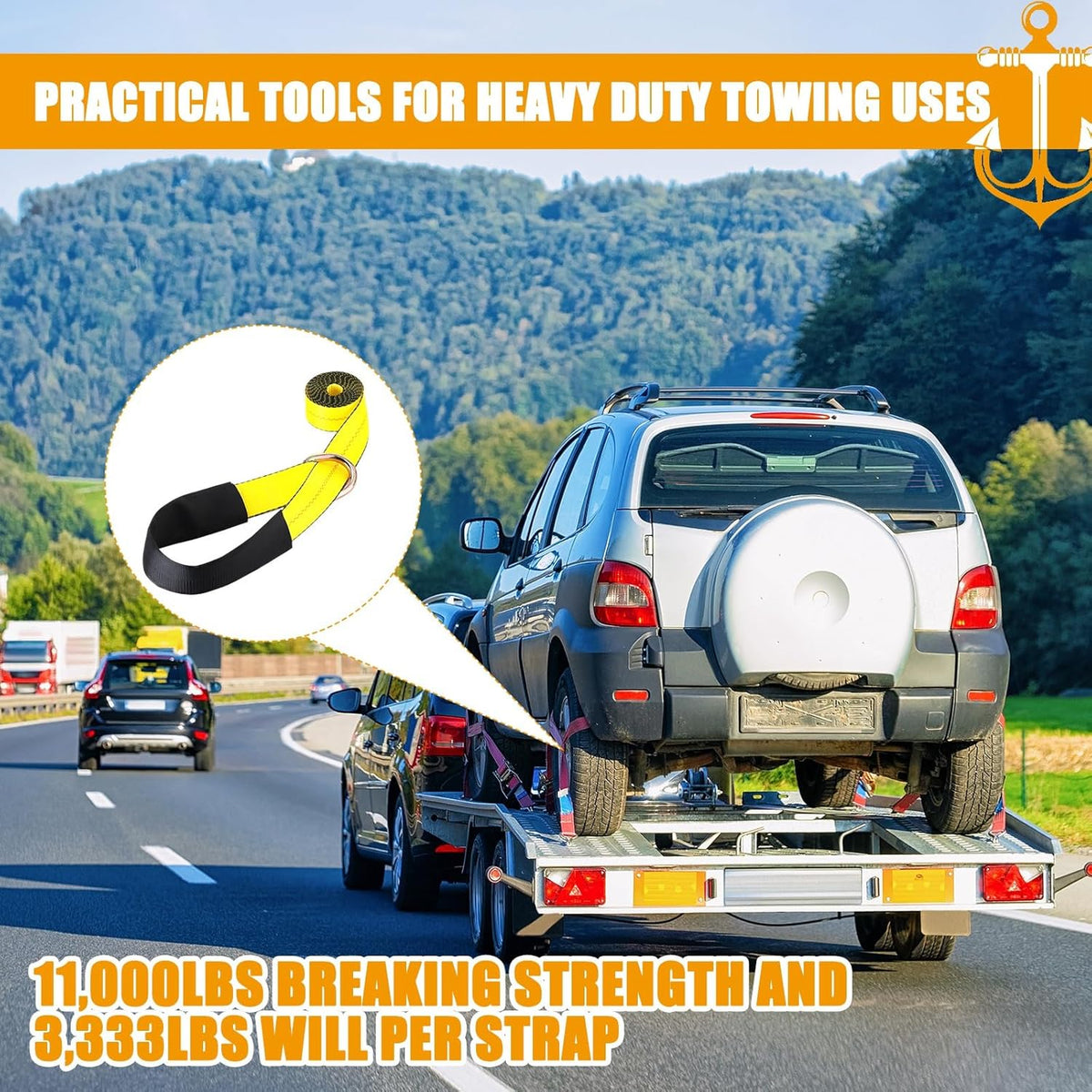 8Pack 2" X 10 ft Tow Truck Straps Lasso Wheel Lift Straps Lasso Tow Strap with D Ring 11, 000 Lbs Break Strength Auto Tie Down Auto Hauler for Trailer Truck Tie(Yellow)