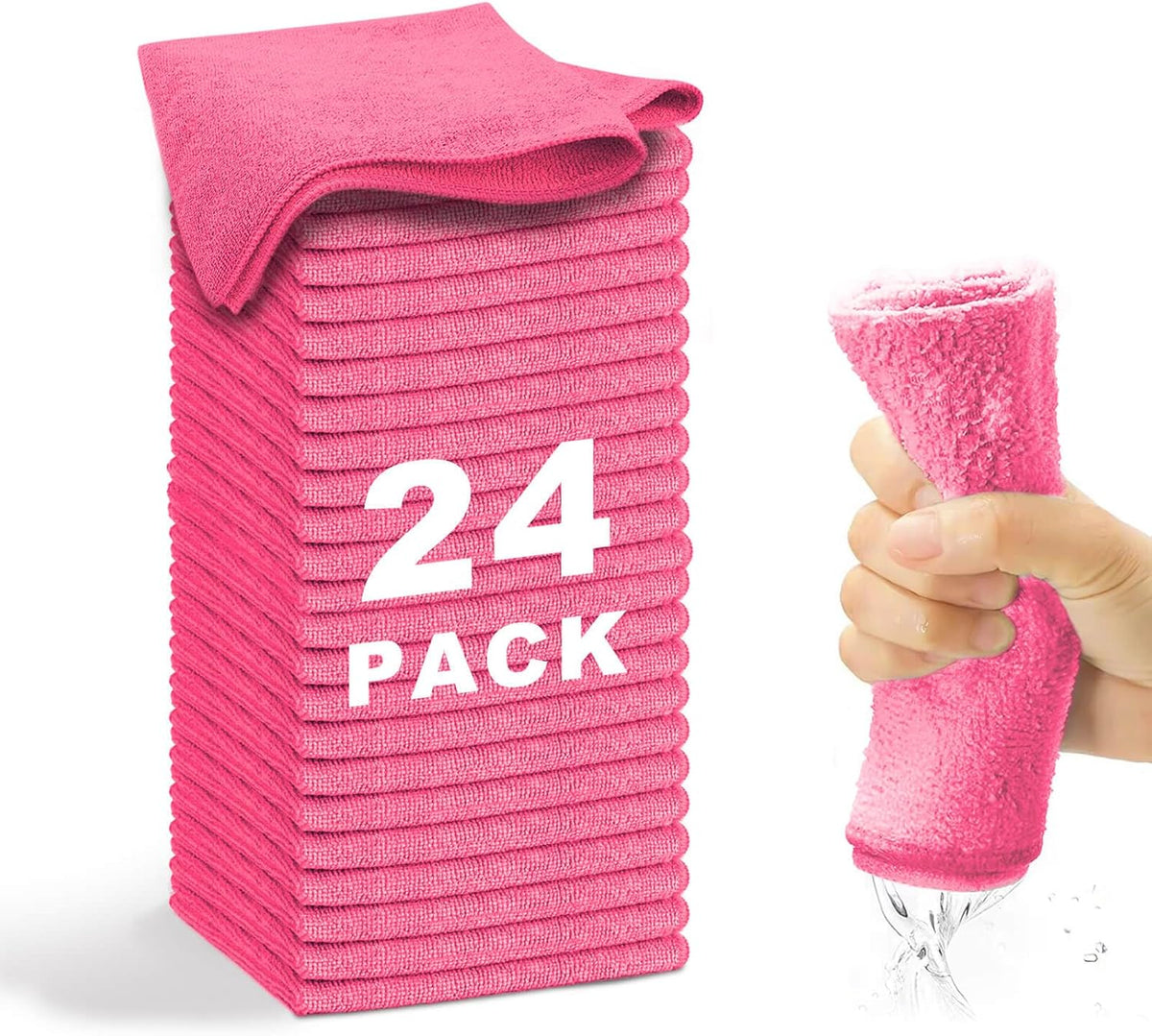Microfiber Cleaning Cloth-24Pcs (13x13 inch) Ultra Soft Highly Absorbent Rags for Housekeeping-Machine Wash (HotPink)