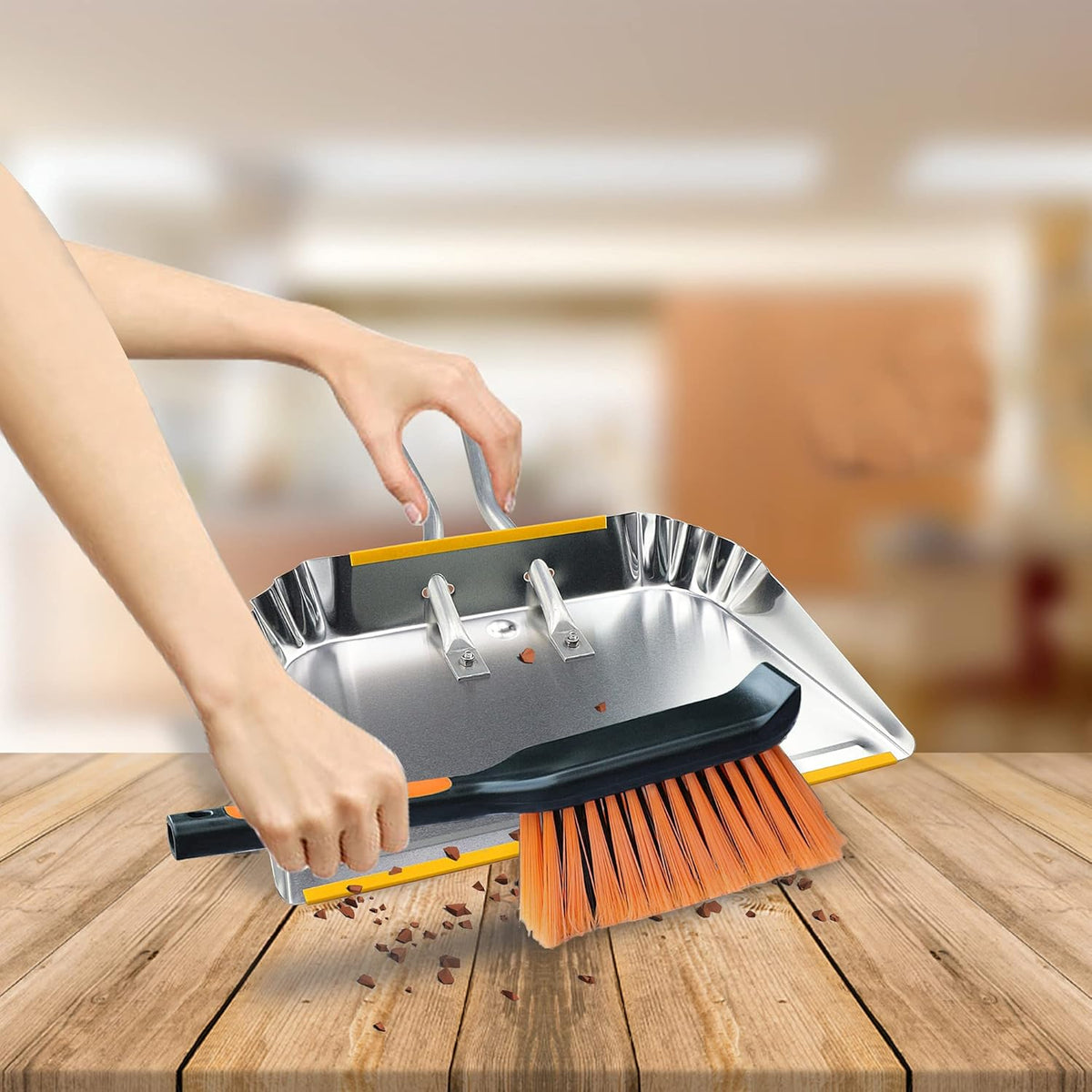 PHYEX 1-Pack 17" Heavy Duty Metal Dust Pan with Cleaning Brush Set