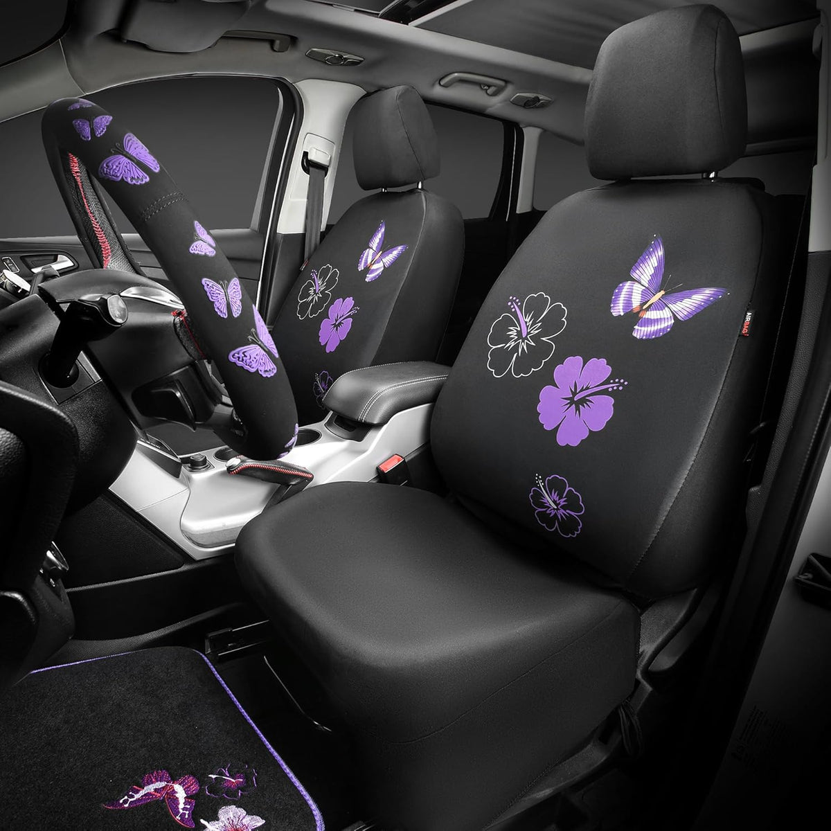 CAR PASS Universal Butterfly Car Seat Covers Front Set, Embroidered Flower Waterproof Car Floor Mats Carpet, Butterflies Steering Wheel Cover for Car Accessories Interior Sets (Black and Purple)