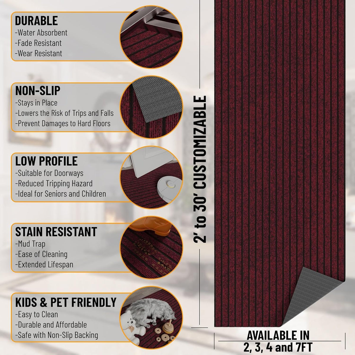 Ottomanson 2' x 10' Hallway Runner with Scraper Pile - Extra Durable Non-Slip Rug Mat for Indoor & Outdoor Use - Ideal for Kitchen, Entryway, Patio & Garage - High-Traffic Carpet, Red