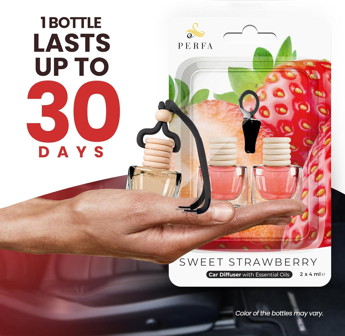 Car Air Fresheners for Women - Sweet Strawberry Fragrance | Pack of 2 Long Lasting Car Air Freshener | Odor Eliminator with Essential Oils | Car Air Freshener Vent Clip by Perfa