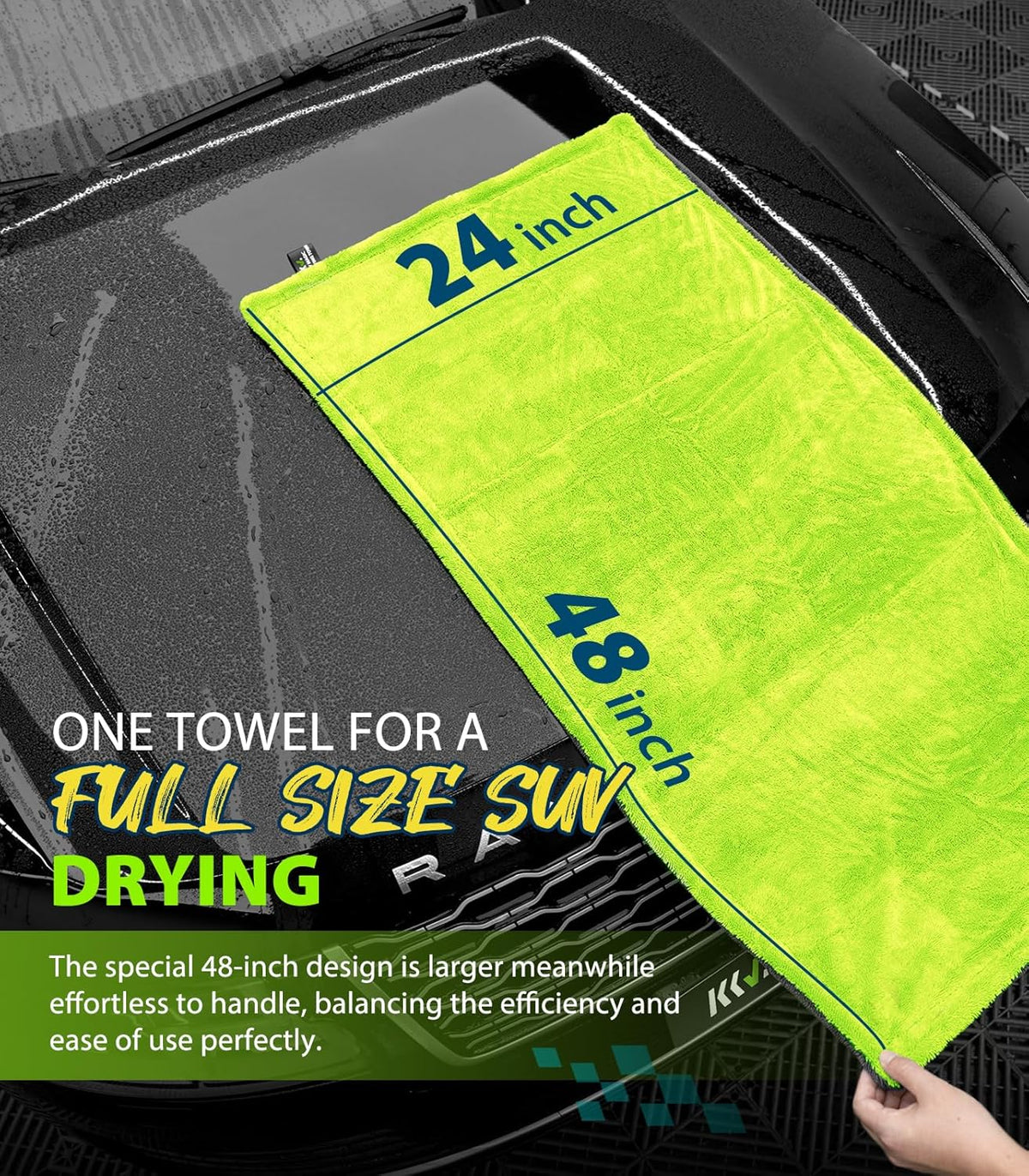 KKV Full-Sized SUV Drying Towel, 48”x24” Dual Sided Microfiber Car Cleaning Towel with Twisting Yarn Technique, 1400GSM Super Absorbent, Scratch-Free, Machine Washable (Darkgray-GreenYellow)
