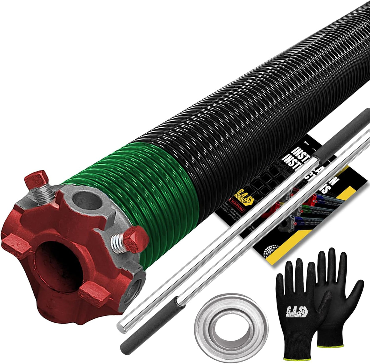 Garage Door Torsion Spring 243x1.75x33 Includes 1” Steel Bearing, Non-Slip Gloves, and Winding Bars for Left Side of Garage Door Precision E-Coating 5-Year Warranty Min. 30,000 Cycles (Red Cone)