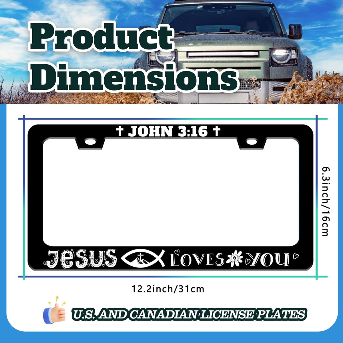 John 3:16 License Plate Frame Jesus Loves You License Plate Holder Christian Cross for Front or Rear Car Tags Stainless Steel Funny Car Decoration with Screws 6.3 X 12.2 in