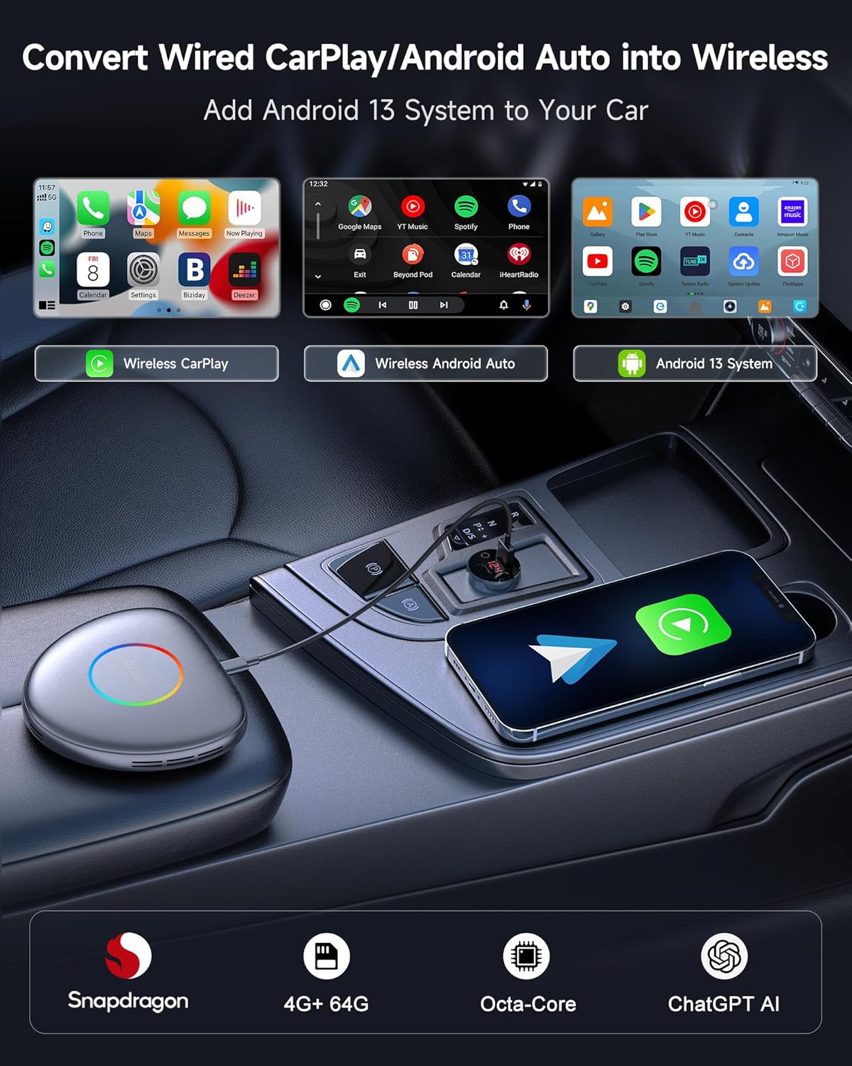Wireless CarPlay Adapter Android 13 AI Box, Upgraded CB6C Video Streaming Plug & Play Carplay Box for iPhone & Android Auto with ChatGPT, Supports YouTube, Netfilx, TikTok, 4G LTE, 4G+64G