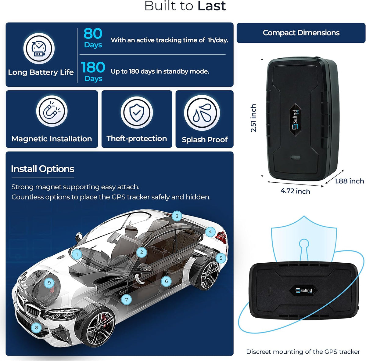 SALIND GPS Magnetic, up to 180 Days Battery - Car GPS Tracker for Vehicles, Motorcycles & Trucks, Car Tracker Device with Strong Built-in Magnet, Robust & Splash Proof - Real Time Car Tracking Device