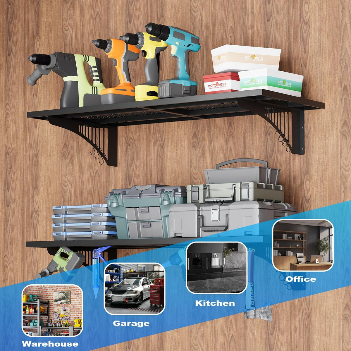 YOLENY 2-Pack 1.64x4FT Adjustable Heavy Duty Garage Wall Shelving, 500lbs Load Capacity Wall Mount Storage Shelf, Garage Storage Rack with Hooks, Metal Floating Shelves Organizer for Workshop
