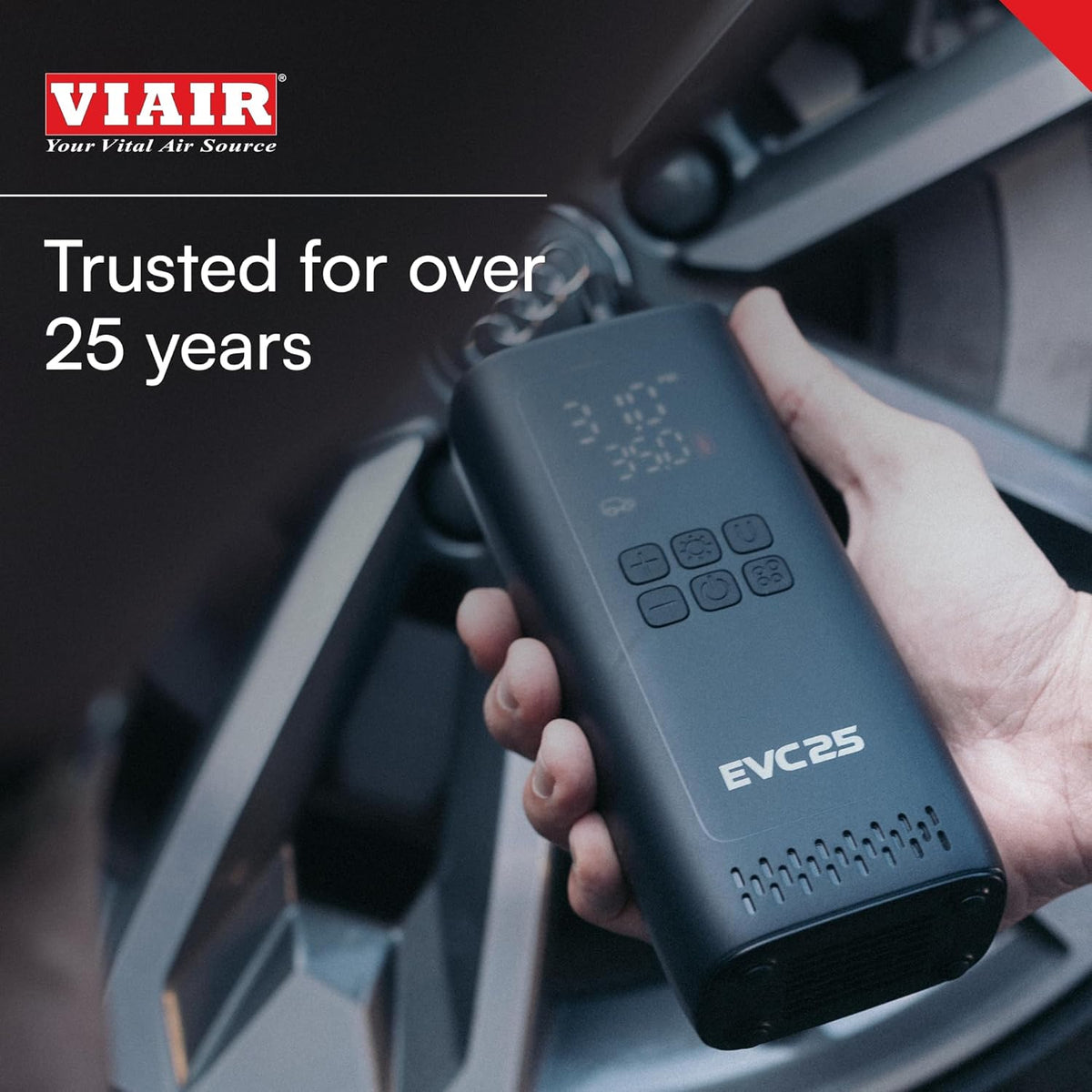 Viair Every Vehicle Carry EVC25 - rechargeable, portable compressor - LED gauge w/preset - Tire Inflator ideal for compact & mid-size cars, LT trucks, E-bikes, motorcycles & Inflatables