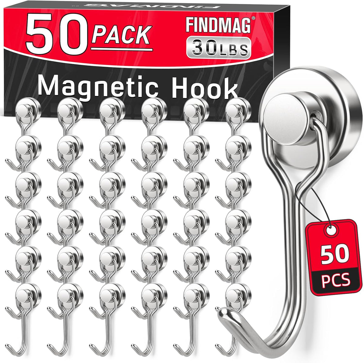 FINDMAG 50 Pack Magnetic Hooks, 30 LB+ Magnet Hooks for Refrigerator, Strong Neodymium Magnets with Hooks, Magnetic Hooks Heavy Duty for Cruise, Kitchen, Classroom, Beach Essentials, Silver