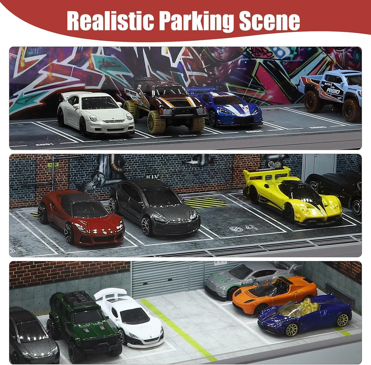 Display Case for Hot Wheels: Stackable Parking Garage for 1/64 Scale Matchbox Toy Car, FoamBoard Storage for Monster Trucks with LED Light and Acrylic Cover, Red Factory