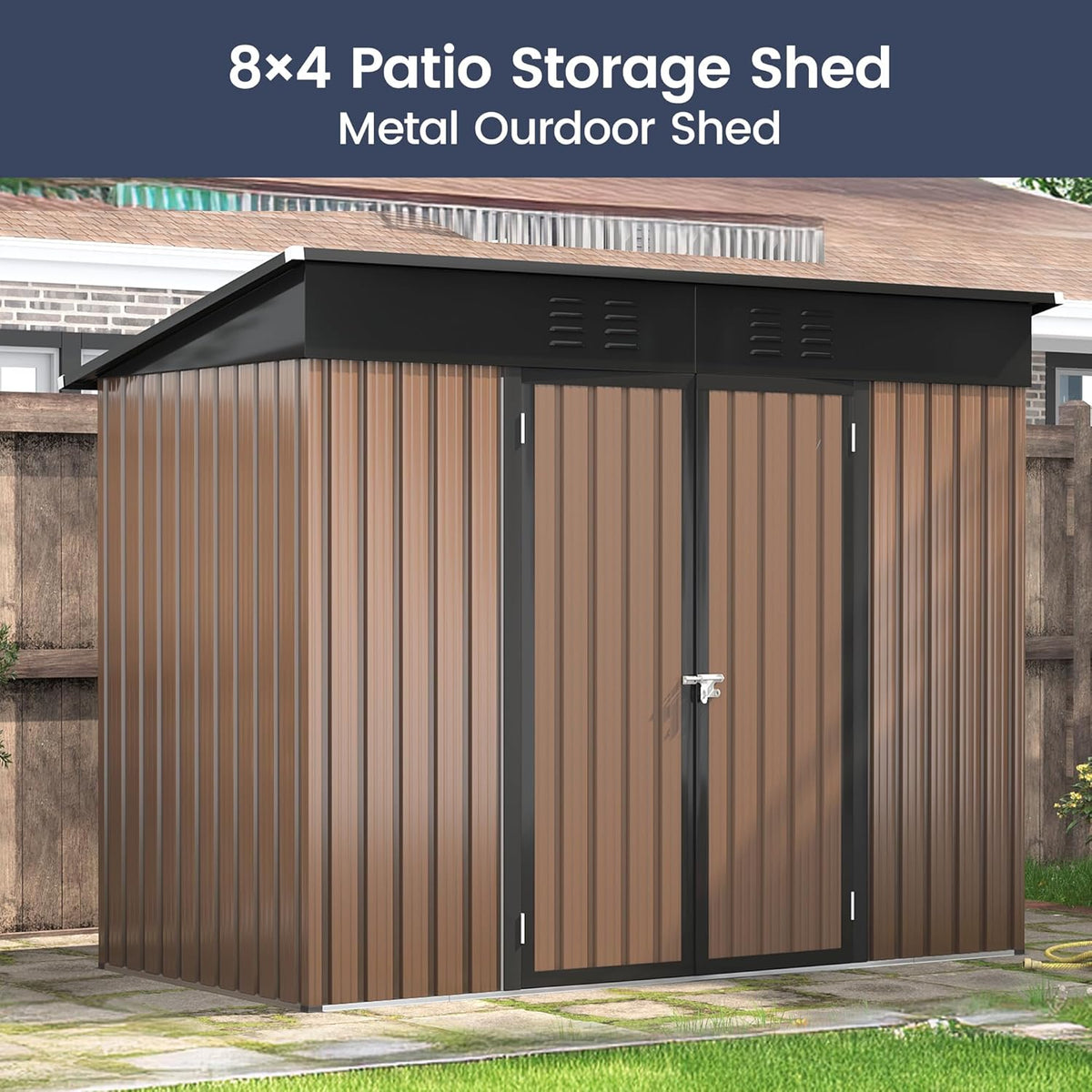 UDPATIO Outdoor Storage Shed 8x4 FT, Outside Sheds & Outdoor Storage Metal Galvanized Steel Yard, Patio, Lawn, Tool Shed with Lockable Door for Can, Bike, Lawnmower, Generator,Brown