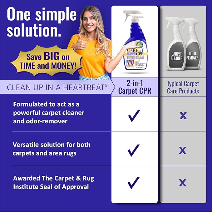 Carpet CPR Spot & Stain Remover Spray – Heavy Duty Carpet Cleaner for Pet Messes, Coffee & Tough Stains (32 Fl Oz (Pack of 2))