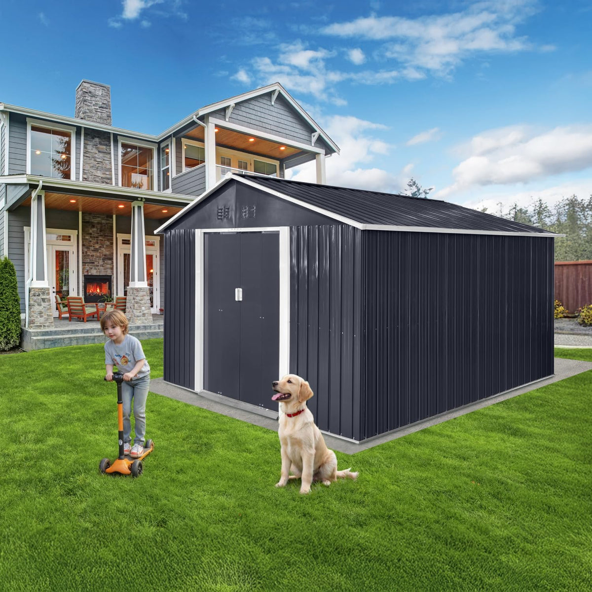 9 x 8.5 Ft Outdoor Storage Shed, Heavy-Duty Metal Shed with Windows & Secure Lockable Doors, Ideal Storage Shed for Outdoor, Patio, Garden, and Backyard, Anthracite
