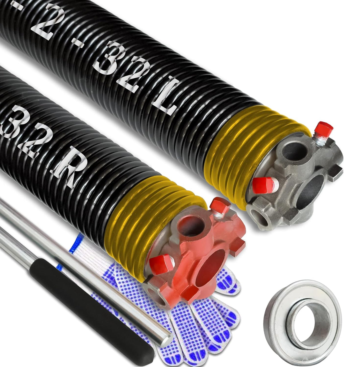 Garage Door Torsion Spring Set, Pair of 2" Electrophoresis Coated Garage Door Spring Replacement with 2 Non-Slip Winding Bars and Bearing, Minimum 16000 Cycles (.250x2x32)
