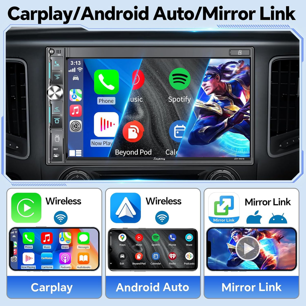 QLED Double Din Car Stereo with Dash Cam & Backup Camera, Wireless Apple CarPlay & Android Auto, Bluetooth, 4.2-Ch 2 Subwoofers Outputs, 7" QLED Touchscreen, MirrorLink, FM/AM Radio