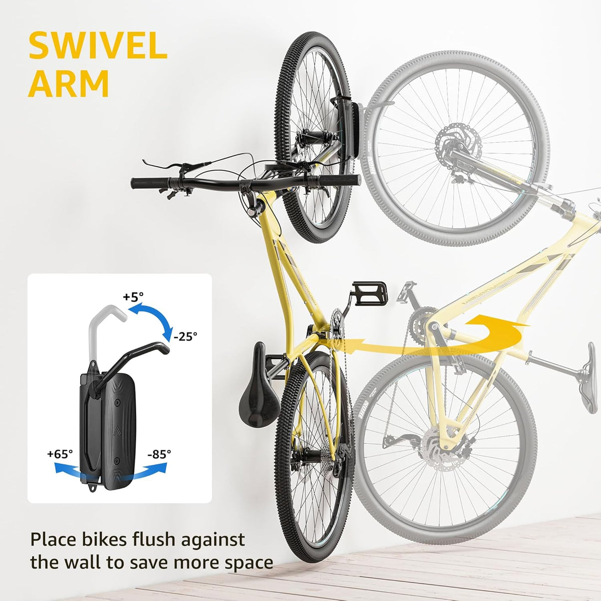 monTEK Swivel Bike Wall Mount, Bike Hangers for Garage, Space-Saving Vertical Bike Rack, Sturdy Bike Storage Rack Holds Up to 66lbs, Easy to Install, 2 Pack