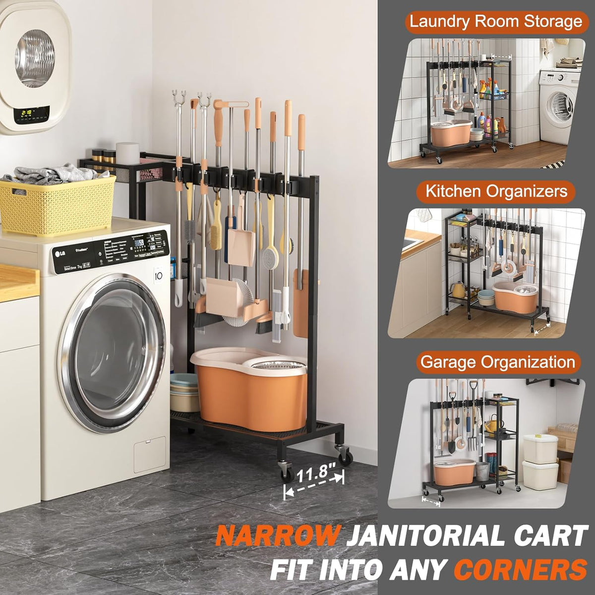 Broom Holder with Cleaning Supplies Organizer, Broom Closet Storage Cabinet with Cleaning Caddy, Cleaning Cart with Mop Hanger Gripper Rack Hooks,Janitorial Housekeeping cart,Laundry Room Organization