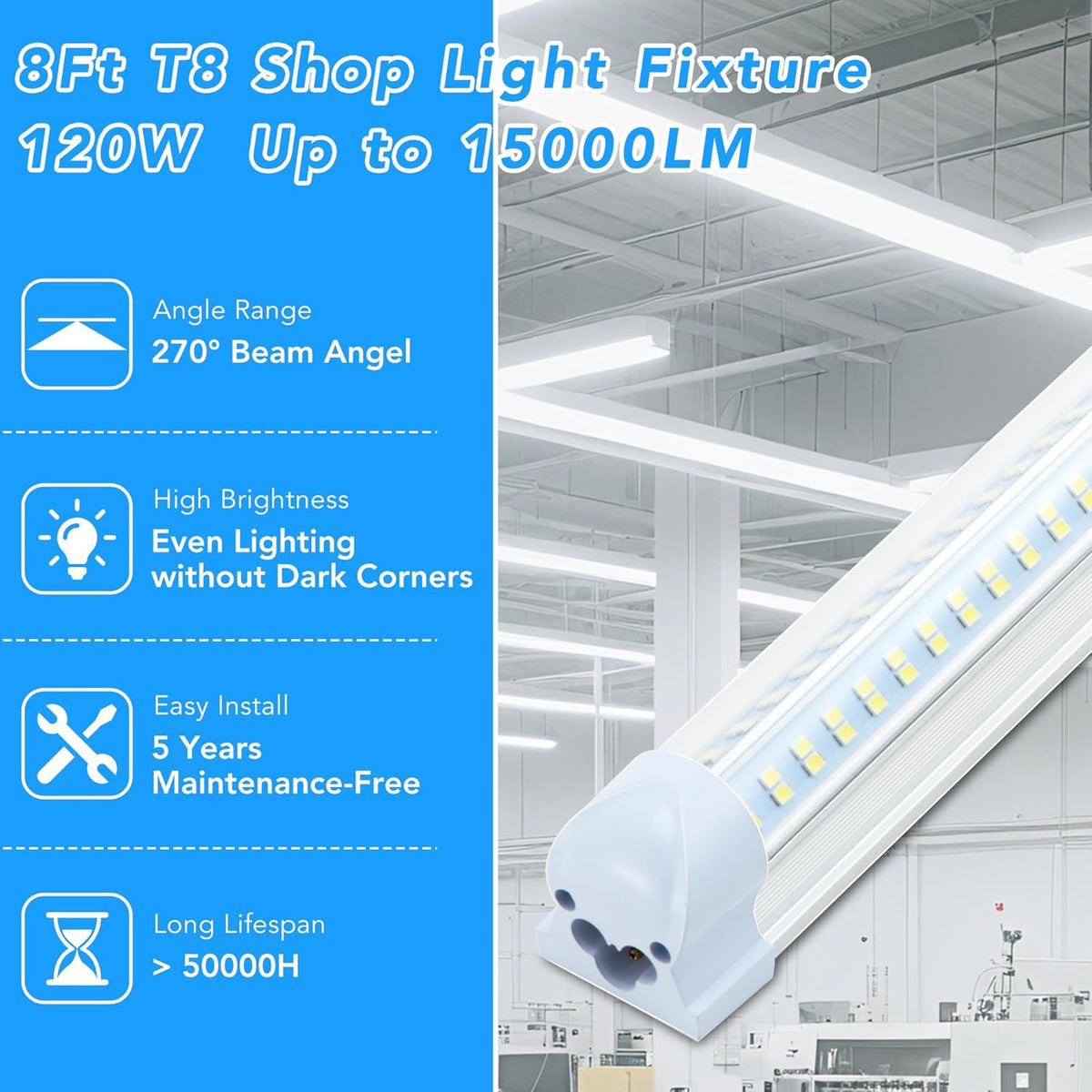 10 Pack 8FT T8 LED Shop Lights, 120W Integrated Tube Light, 19200LM 6000-6500K Daylight, Linkable Lighting, Plug & Play Energy-Saving Commercial Bay Lighting Garage Warehouse Basement (V4)