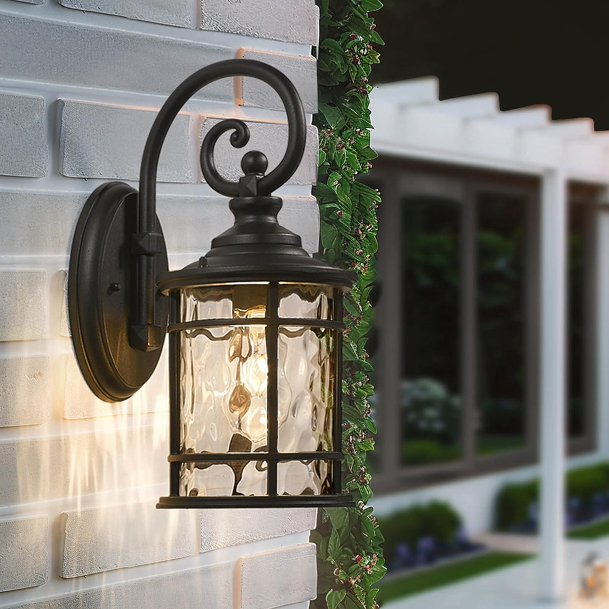 Emliviar Farmhouse Outdoor Light Fixture, 15.5" Exterior Lighting Fixtures with Water Ripple Glass, Die-Casting Aluminum in Black Finish, XE229B-WG BK