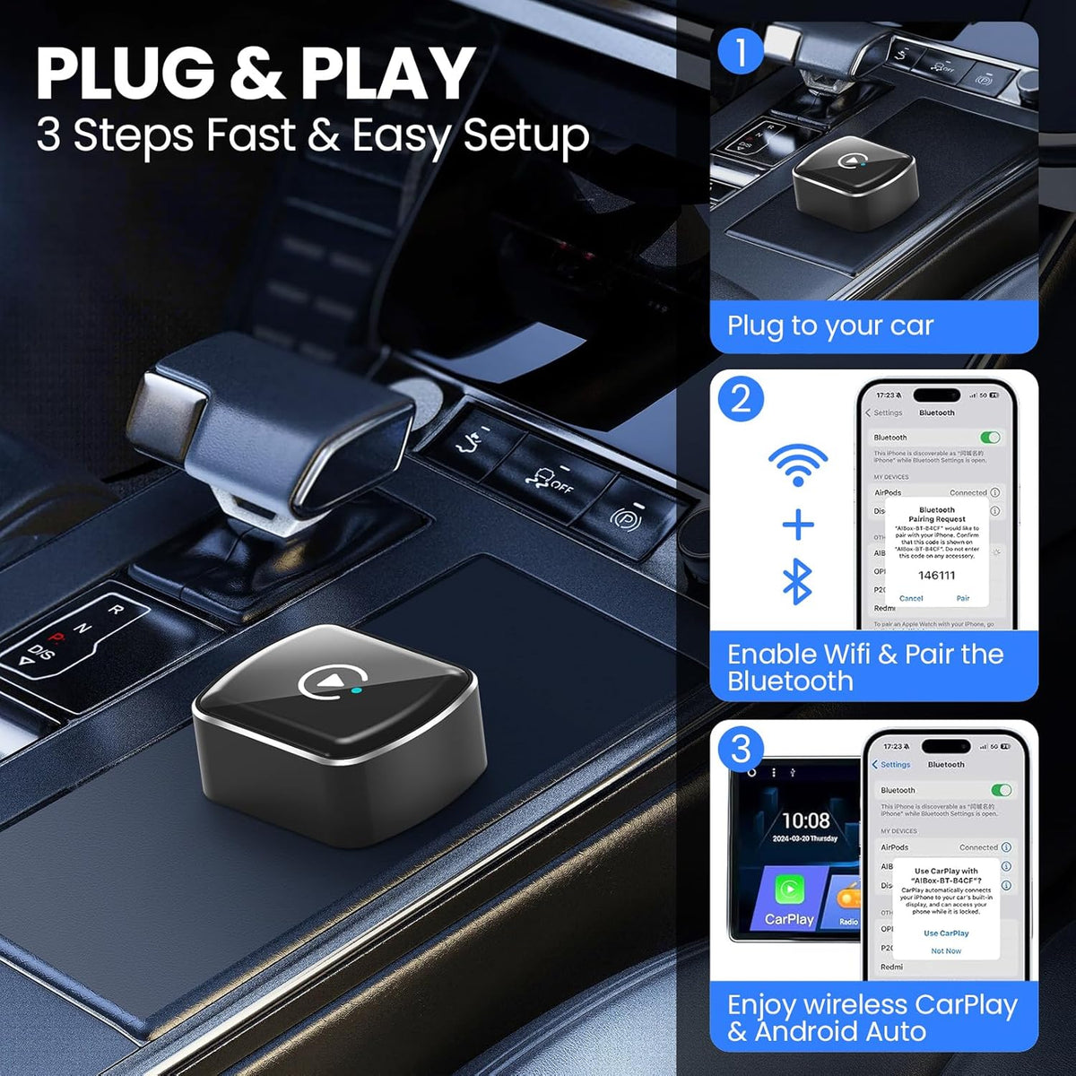 Wireless CarPlay Adapter & Android Auto, 2-in-1 CarPlay Adapter Convert Wired to Wireless, Mini Size with USB A & USB-C Extension Cable, Plug & Play, Stable Connection & No Delay