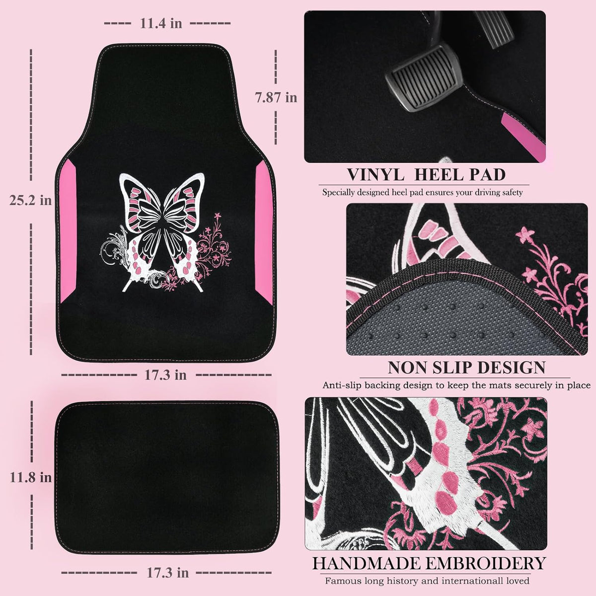 CAR PASS Pink Leather & Gaberdine Butterfly Car Seat Covers Full Set with Waterproof Car Floor Mats and Embroidered Butterflies Steering Wheel Cover for Interior Sets ((Black & Pink)