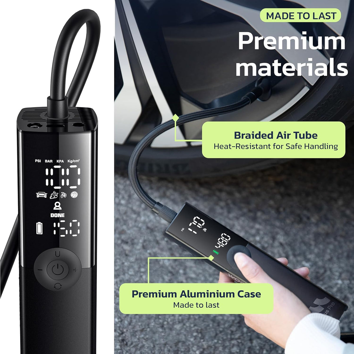 Tire Inflator Portable Air Compressor for Car, Bike, Motorcycle, SUV, Offroad & Truck - Fast Car Pump, 150 PSI, Cordless 12V DC, LED Display Emergency Light Woowind (Ventus pro)
