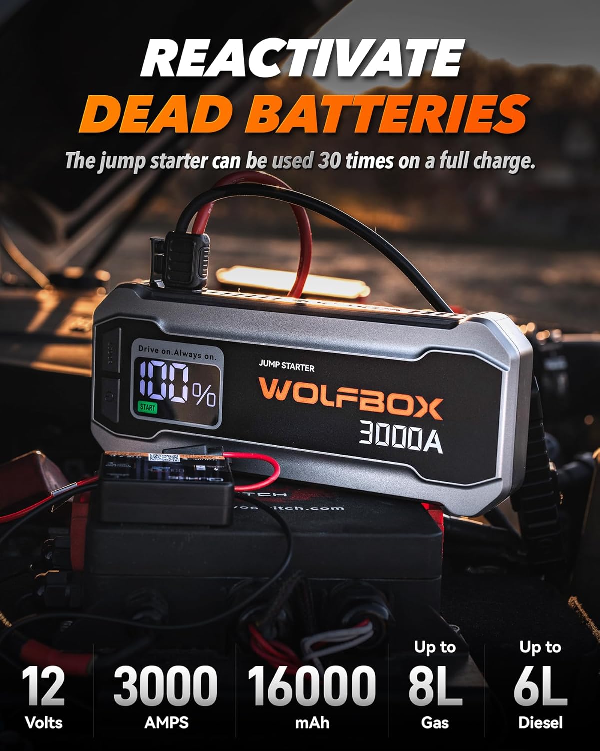 WOLFBOX 3000A Jump Starter,12V Car Battery Jump Starter,65W Quick Charge(Adapter Not Included) 16000mAh Portable Jump Starter Battery Pack for 8L Gas 6L Diesel Engine with Booster,LED Light,Jump Box