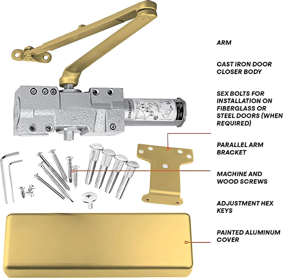 Lawrence Extra Heavy Duty Door Closer Commercial Grade 1 - Adjustable 6-Speed Delayed-Action Door Control with 3 Pistons – Flexible Installation with Included Hardware - Embassy Series LH8016
