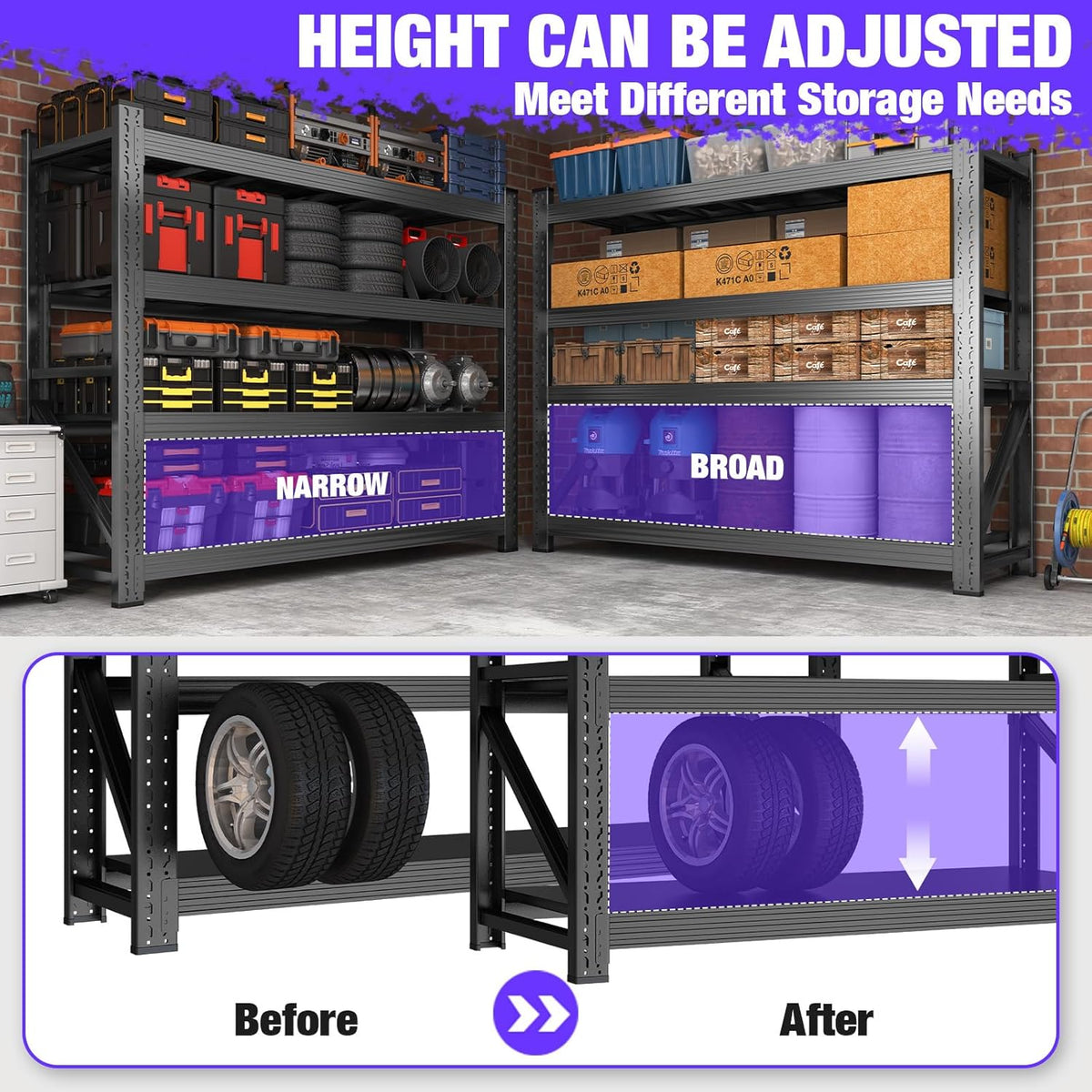 Metal Garage Shelving Heavy Duty, 4-Tier Adjustable Wire Storage Garage Shelves, 6000 LBS Loads Industrial Shelving Units for Garages, Warehouses, Kitchen, Black, 59" W x 24" D x 59" H, 2 Pack