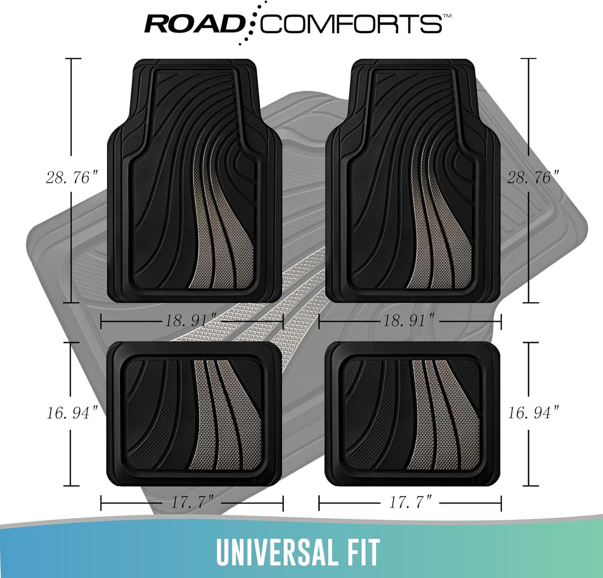 Road Comforts Car Floor Mats Full Set – Front & Rear Car Floor Mats with Aluminum Design, Anti-Slip Backing, All-Weather Protection, Trim-to-Fit Car Mats for Most Sedans, SUVs & Vans - Grey