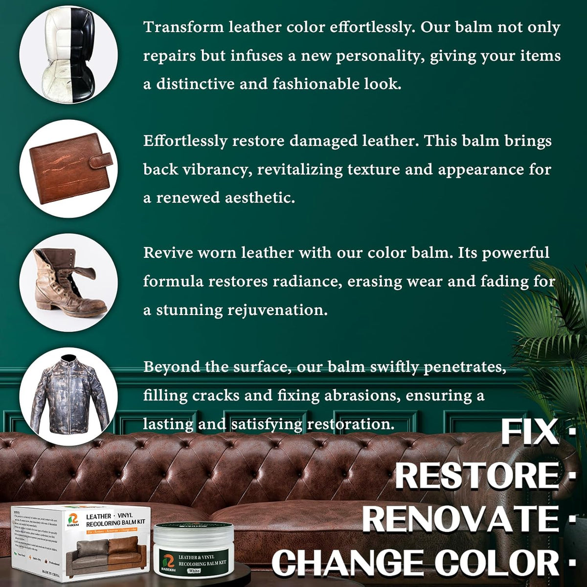 White Leather Repair Kit, Leather Recoloring Balm – Restore & Repair Faded Leather on Couches, Car Seats, Shoes & Furniture | Leather Color Restorer & Conditioner | Easy DIY Application