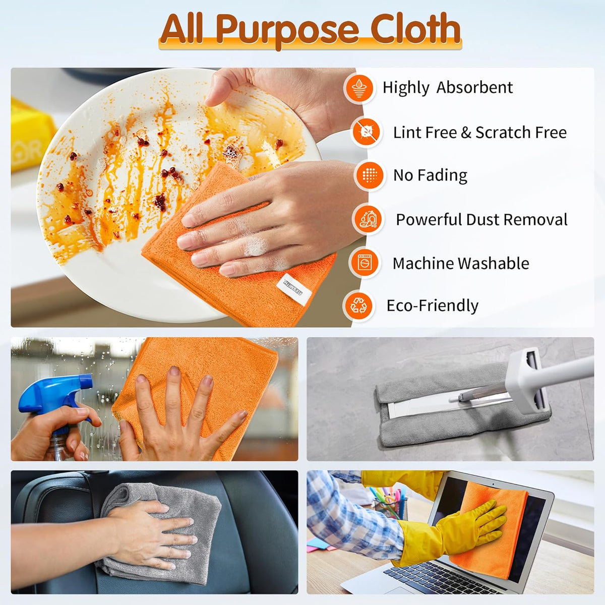 FIXSMITH Microfiber Cleaning Cloth -Pack of 12, Highly Absorbent Cleaning Rags(Grey&Orange), 16"X12" All Purpose Cleaning Towels for Housekeeping, Kitchen, Car, Reusable Microfiber Towels