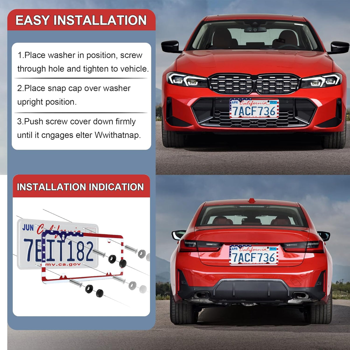 LivTee American Flag License Plate Frames, 4 Holes Stainless Steel License Plate Covers, 2PCS License Plate Holder, Automotive Exterior Accessories, Red-White-Blue