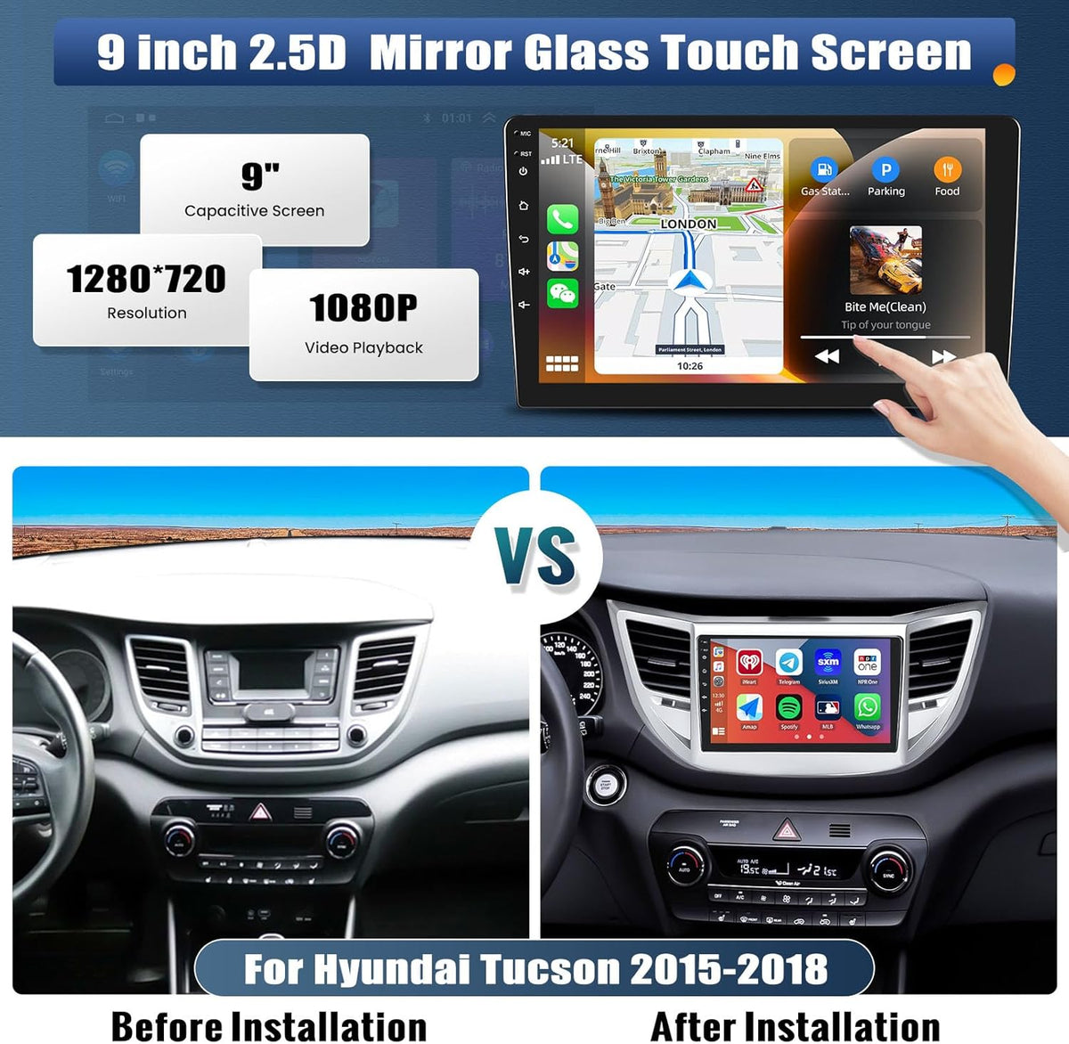 UNITOPSCI 4G+64G 8Core Android 13 Car Stereo for Hyundai Tucson 2015-2018 Wireless Apple CarPlay Android Auto 9” Touchscreen Bluetooth 5.0 GPS Navi DSP Mirror Link WiFi FM/RDS SWC+Backup Camera Mic
