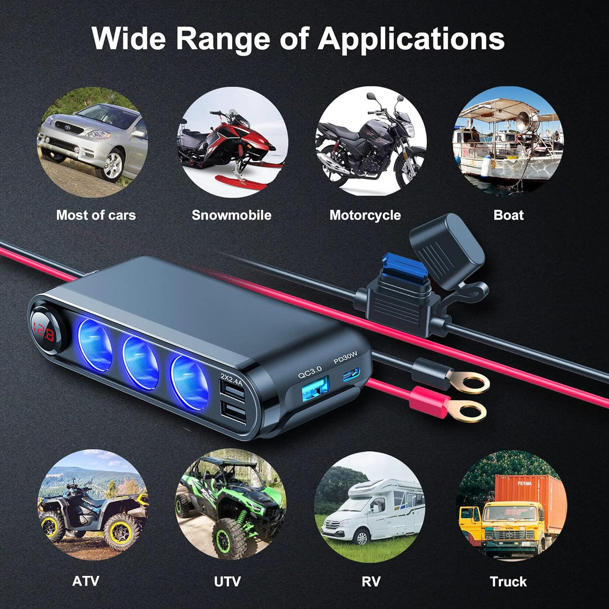 12V Cigarette Lighter Socket Splitter, 200W 3 Socket Multi Port Car Cigarette Lighter Adapter Plug Splitter USB Charger Auxiliary 12 Volt Power Outlet with Eyelet Terminal