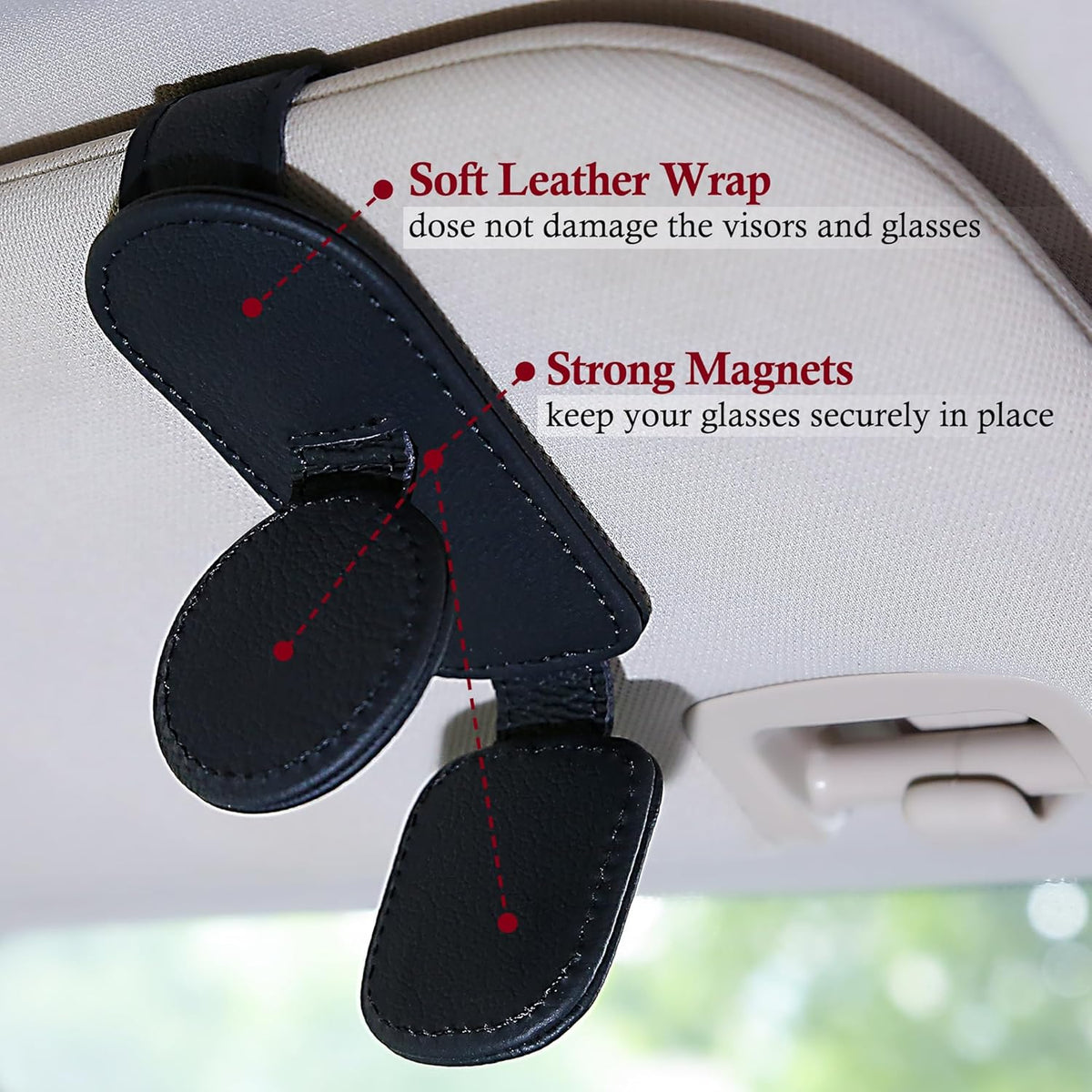 KIWEN 2 Pack Sunglasses Holder for Car Visor, Magnetic Leather Sunglass Eyeglass Hanger Clip for Car Sun Visor Accessories (2, Black)