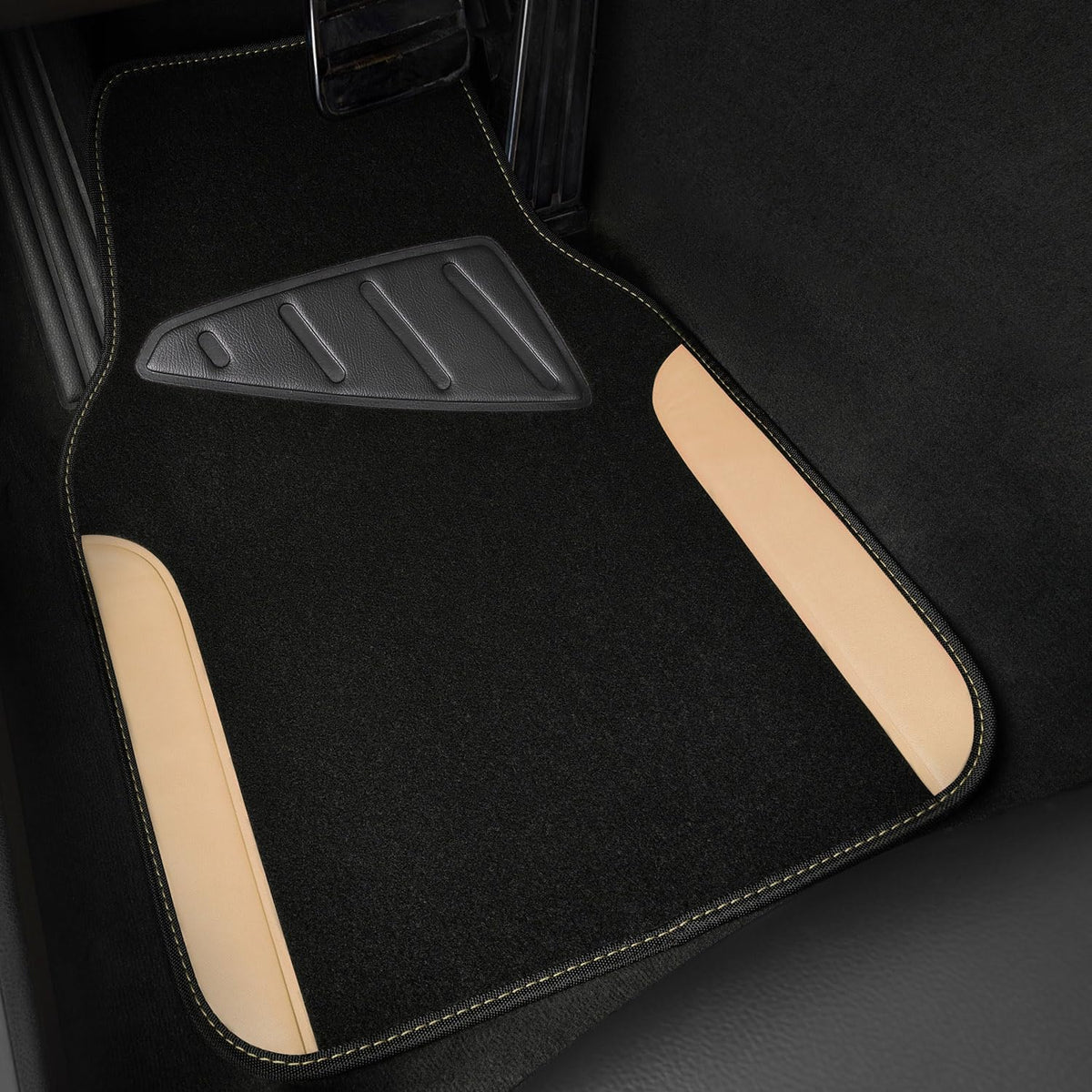 CAR PASS Waterproof Car Floor Mat, Universal Fit Car Mats with Driver Heel Pad, Leather Car Carpet, Anti-Slip Nibbed Backing Floor Mats for SUV, Vans,Sedan,Truck, Automotive Floor Mats (Black Beige)