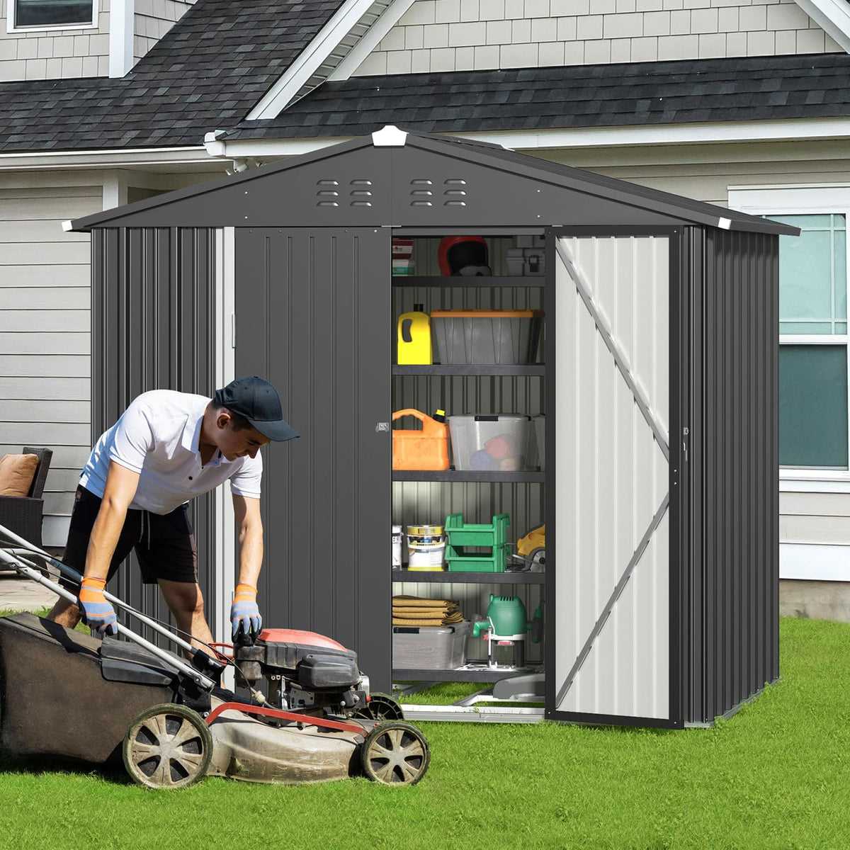 Gizoon Outdoor Storage Shed 8 x 6 FT, Galvanized Metal Garden Shed with Double Lockable Doors, Outdoor Storage Clearance for Backyard Patio Lawn-Dark Grey