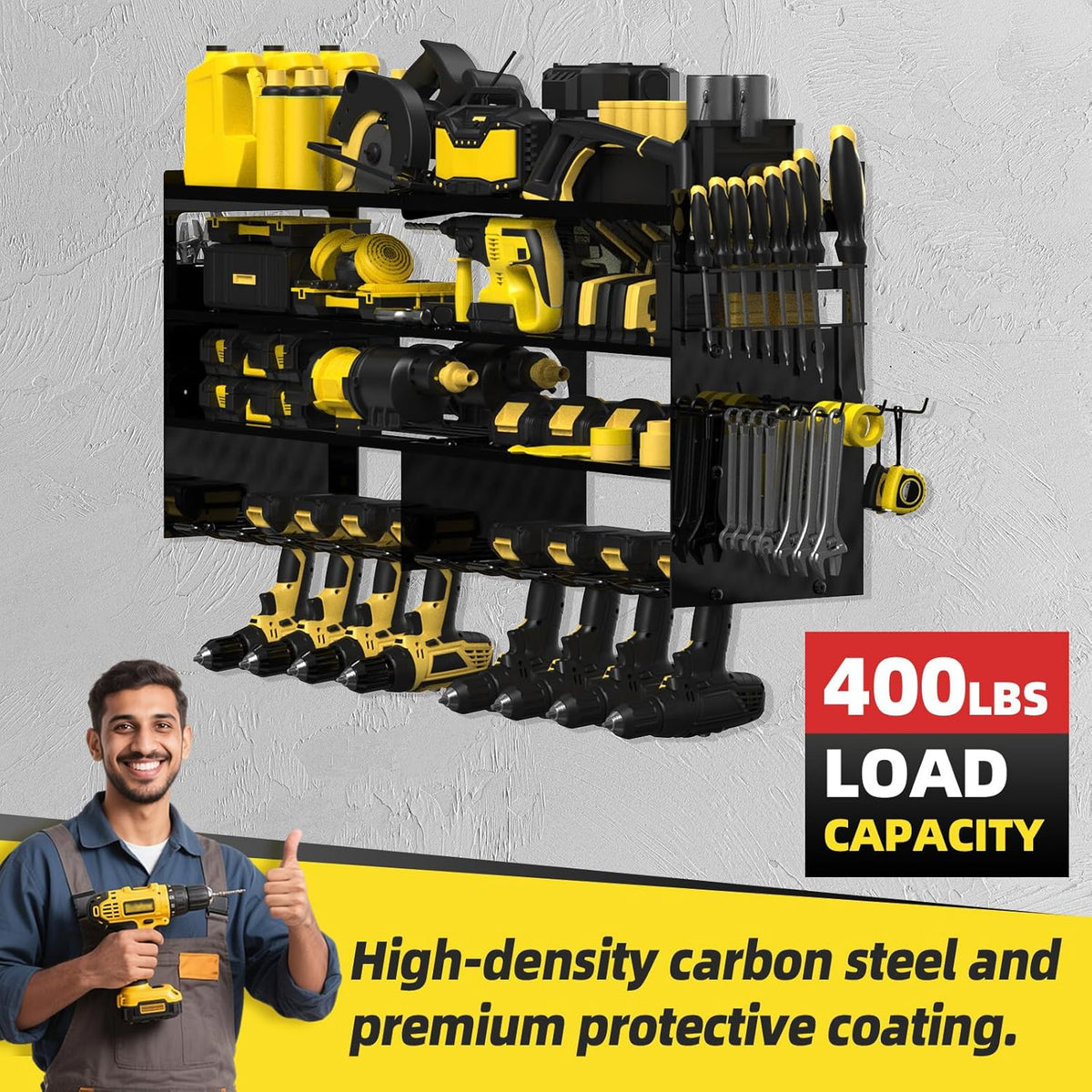 Power Tool Organizer Wall Mount with 8-Drill Holders-600Lbs Load Heavy Duty Metal 4-Layers Garage Storage & Organization Battery Tools Rack with Side Panels Utility Racks Workshop Gifts for Men