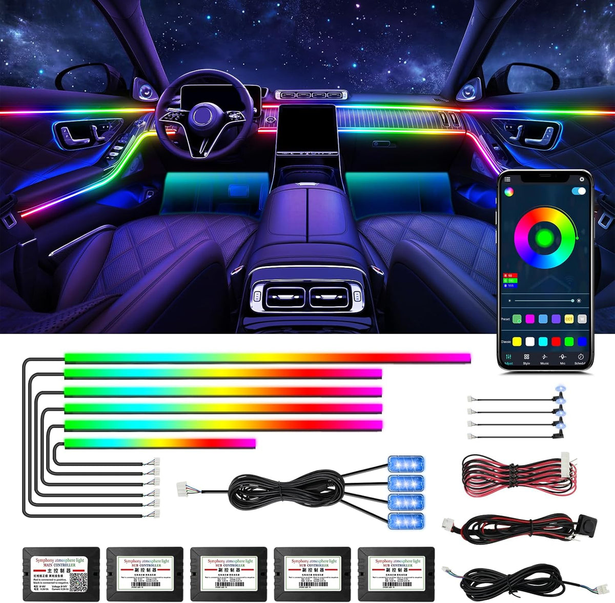 WEBUPAR Dreamcolor Acrylic Interior Car Lights, 14 in 1 RGB LED Strip Lights with APP Control and 213 Color Modes, Decorative Car Ambient Lighting Kits