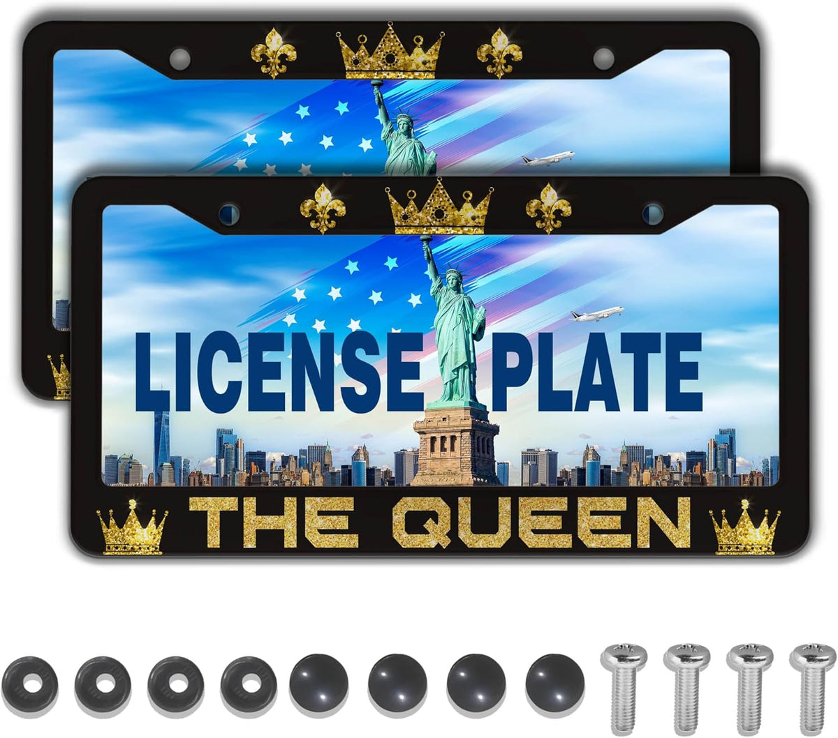 License Plate Frames Black Yellow Automotive Exterior Accessories The Queen Universal Aluminum Car Accessory 2 Pack with Screw Covers Set
